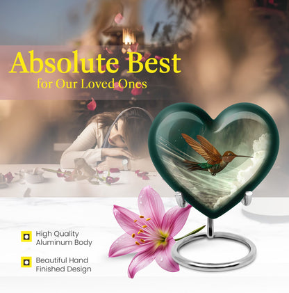 Heart-themed humming bird urn for adult male cremation