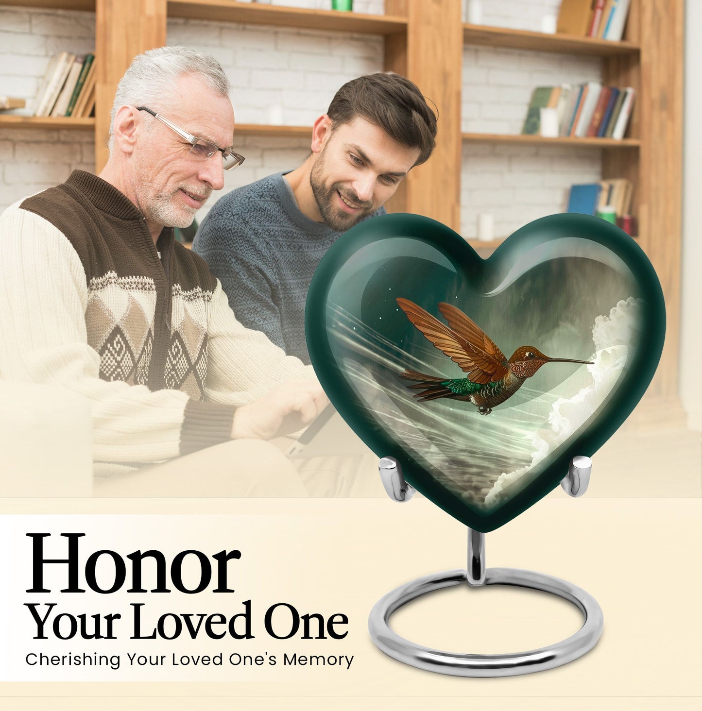 Heart-themed humming bird urn for adult male cremation