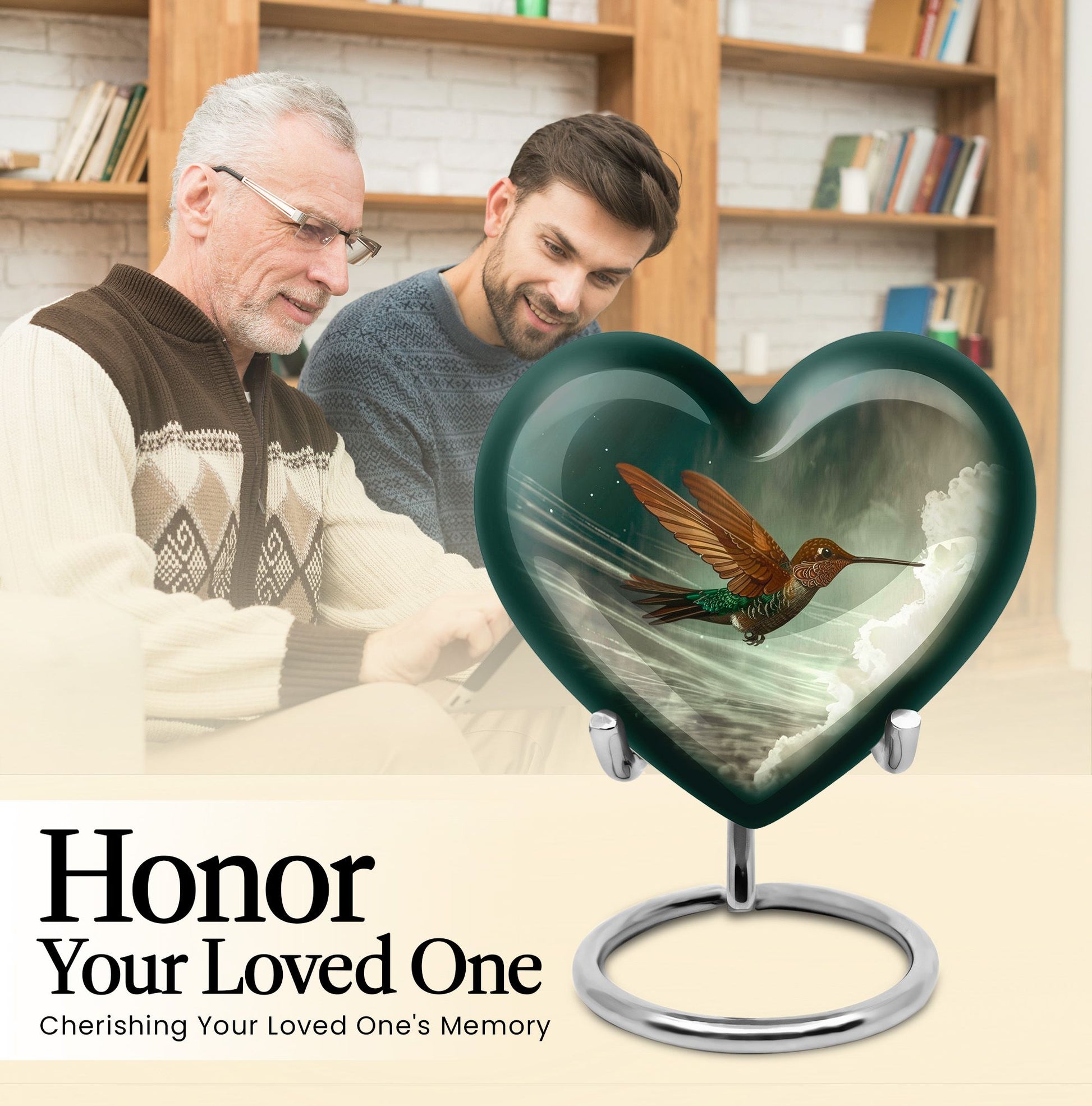 Heart-themed humming bird urn for adult male cremation