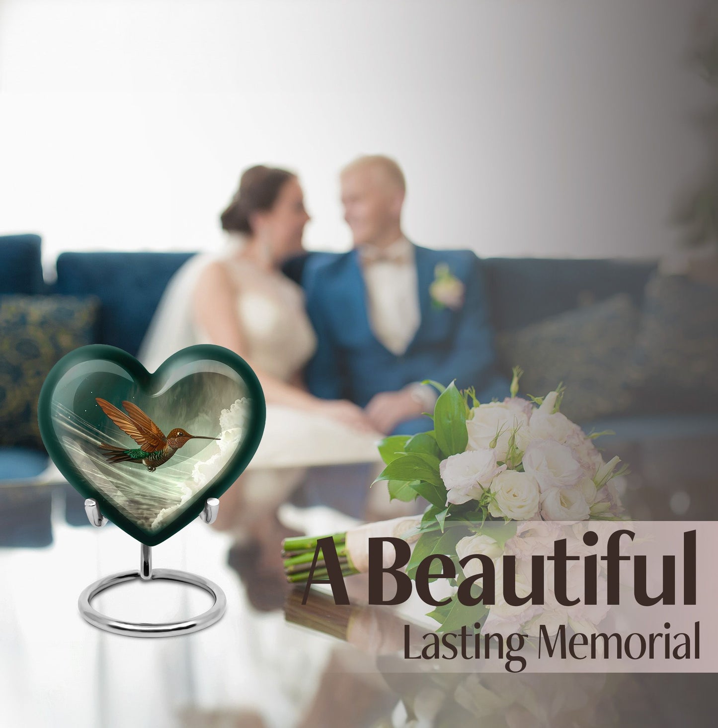 Heart-themed humming bird urn for adult male cremation