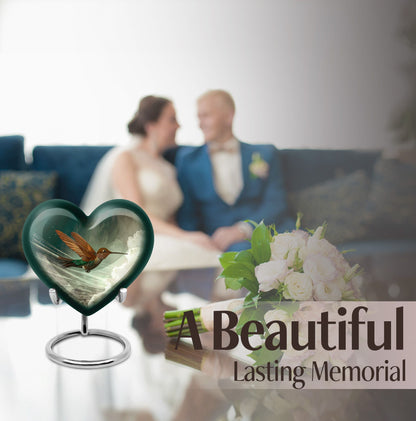 Heart-themed humming bird urn for adult male cremation