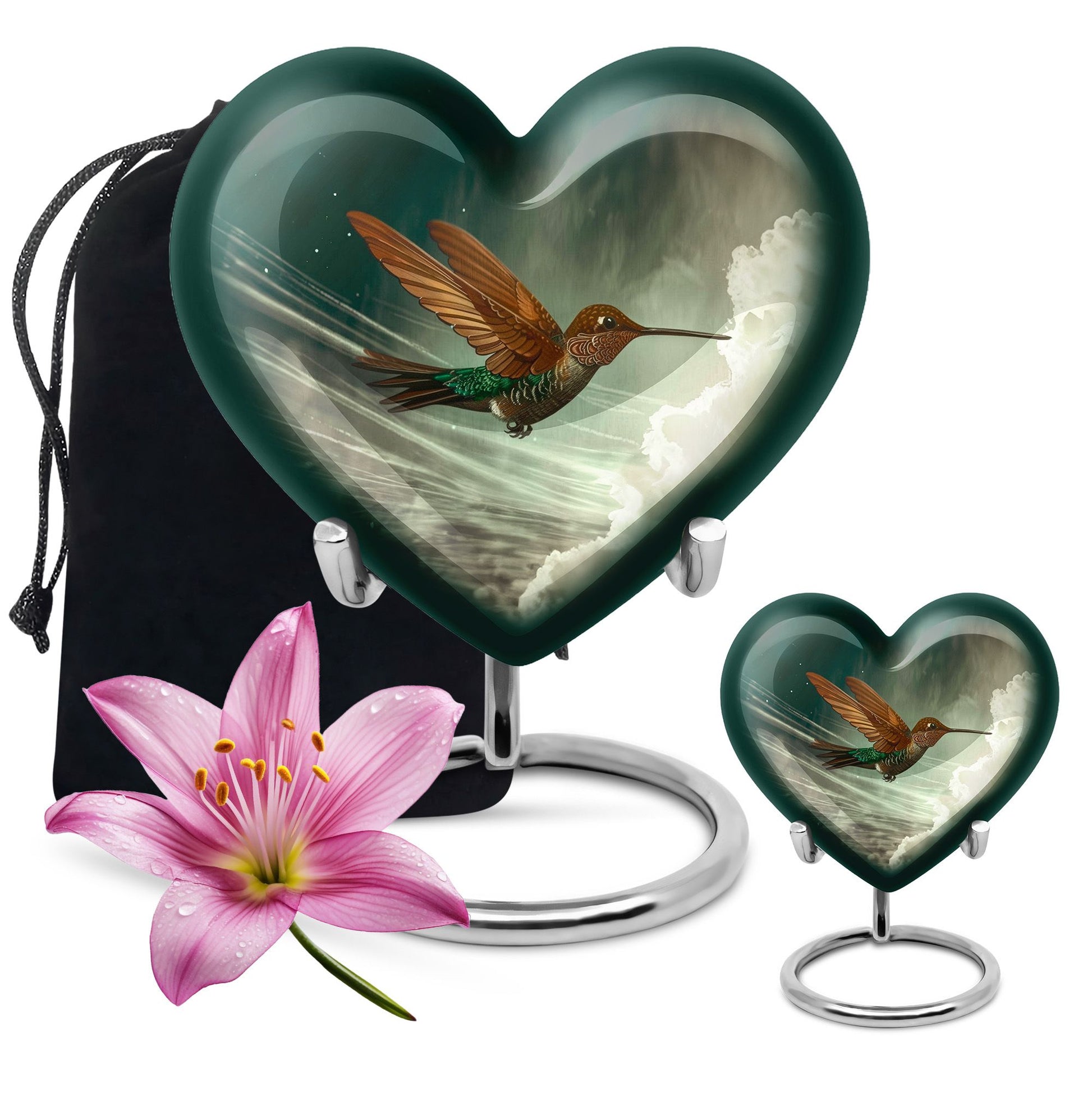 Heart-themed humming bird urn for adult male cremation