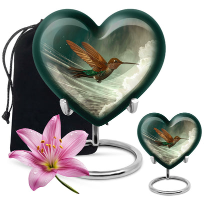 Heart-themed humming bird urn for adult male cremation
