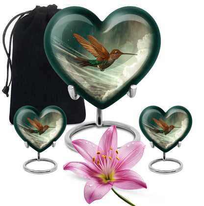 Heart-themed humming bird urn for adult male cremation
