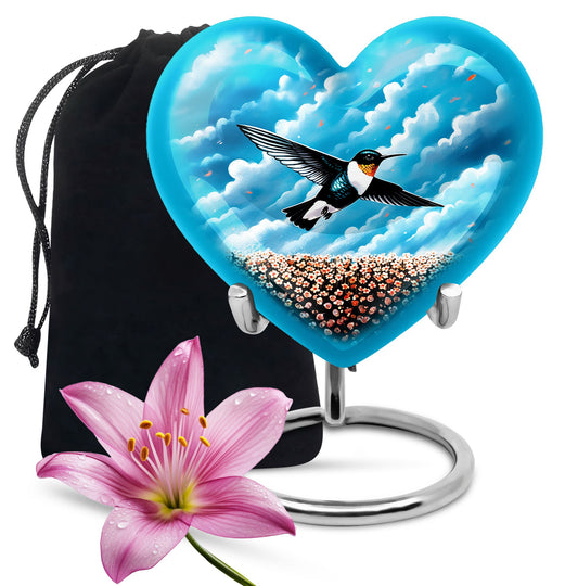 heart-themed hummingbird urn 