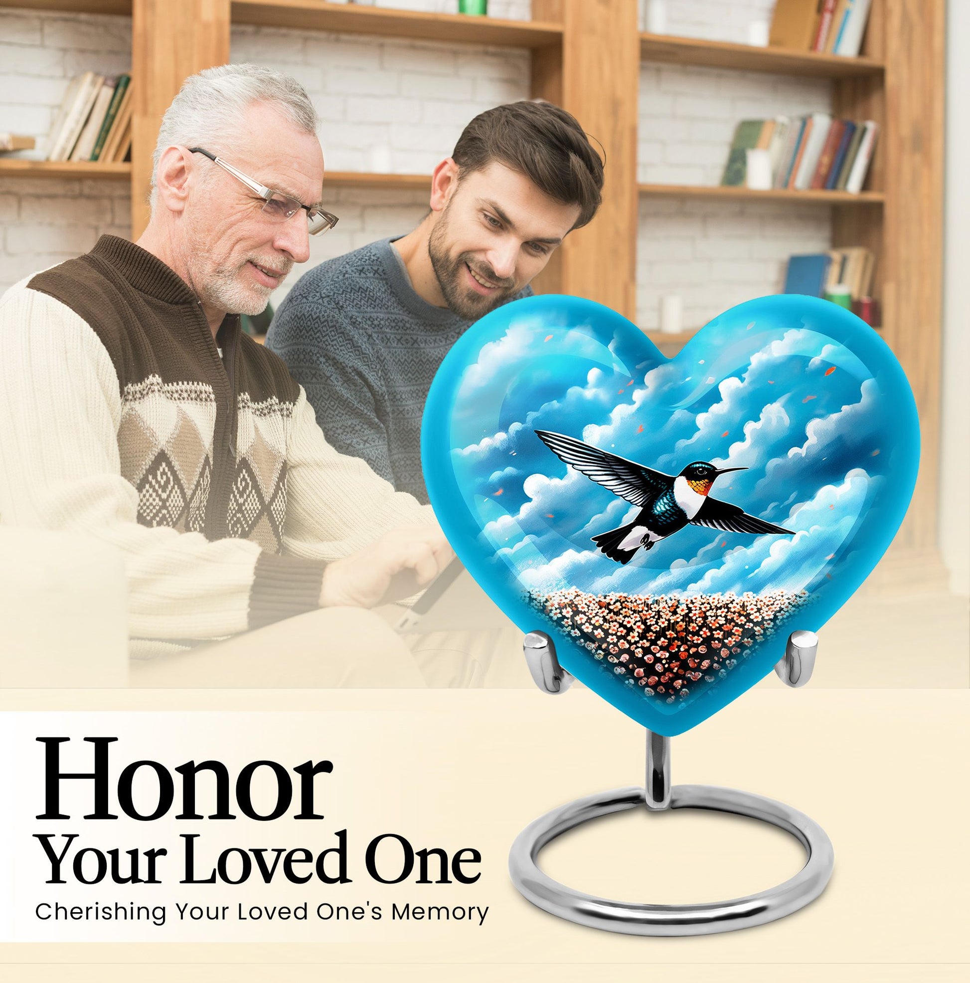 heart-themed hummingbird urn 