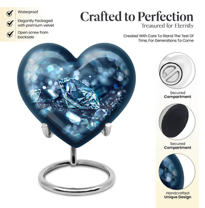 Heart-shaped diamond urn for cremation ashes