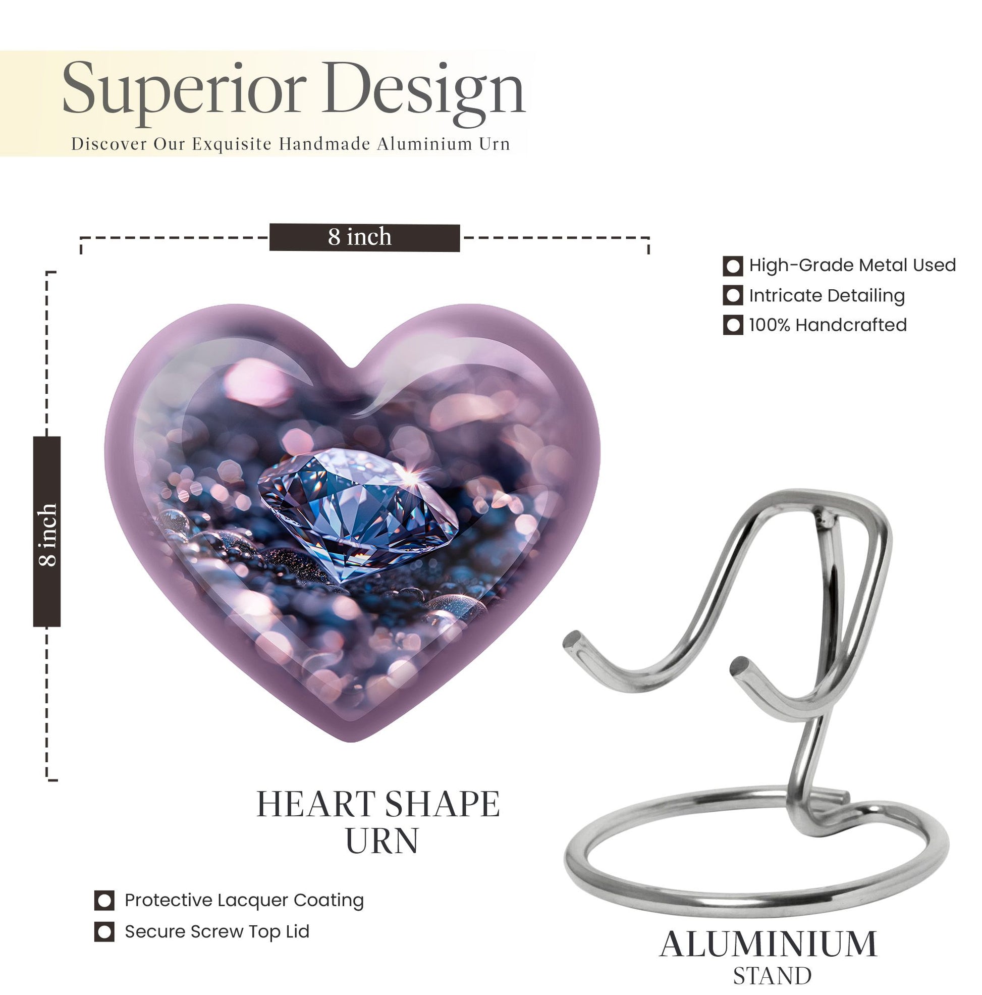 Handcrafted 10-inch diamond heart urn, memorial large 