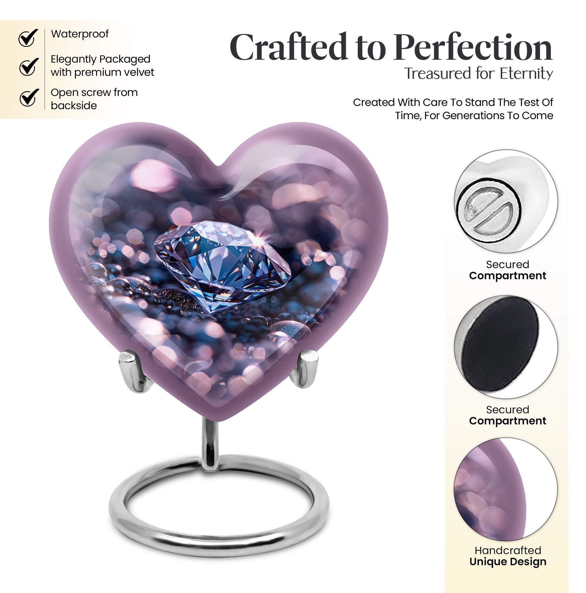 Handcrafted 10-inch diamond heart urn, memorial large 
