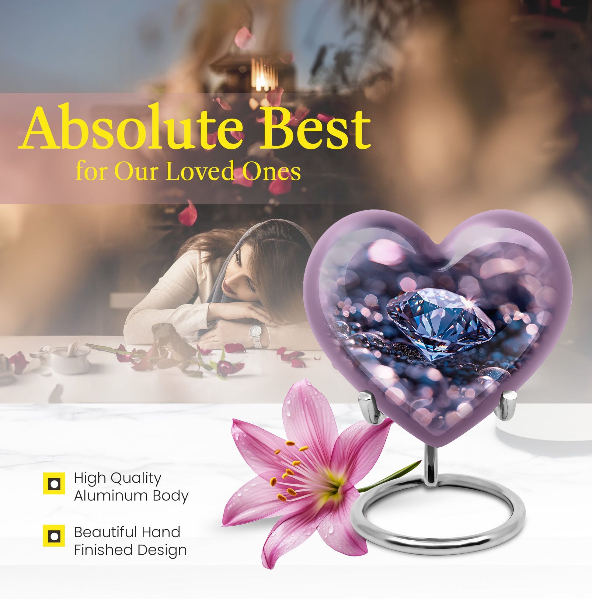 Handcrafted 10-inch diamond heart urn, memorial large 