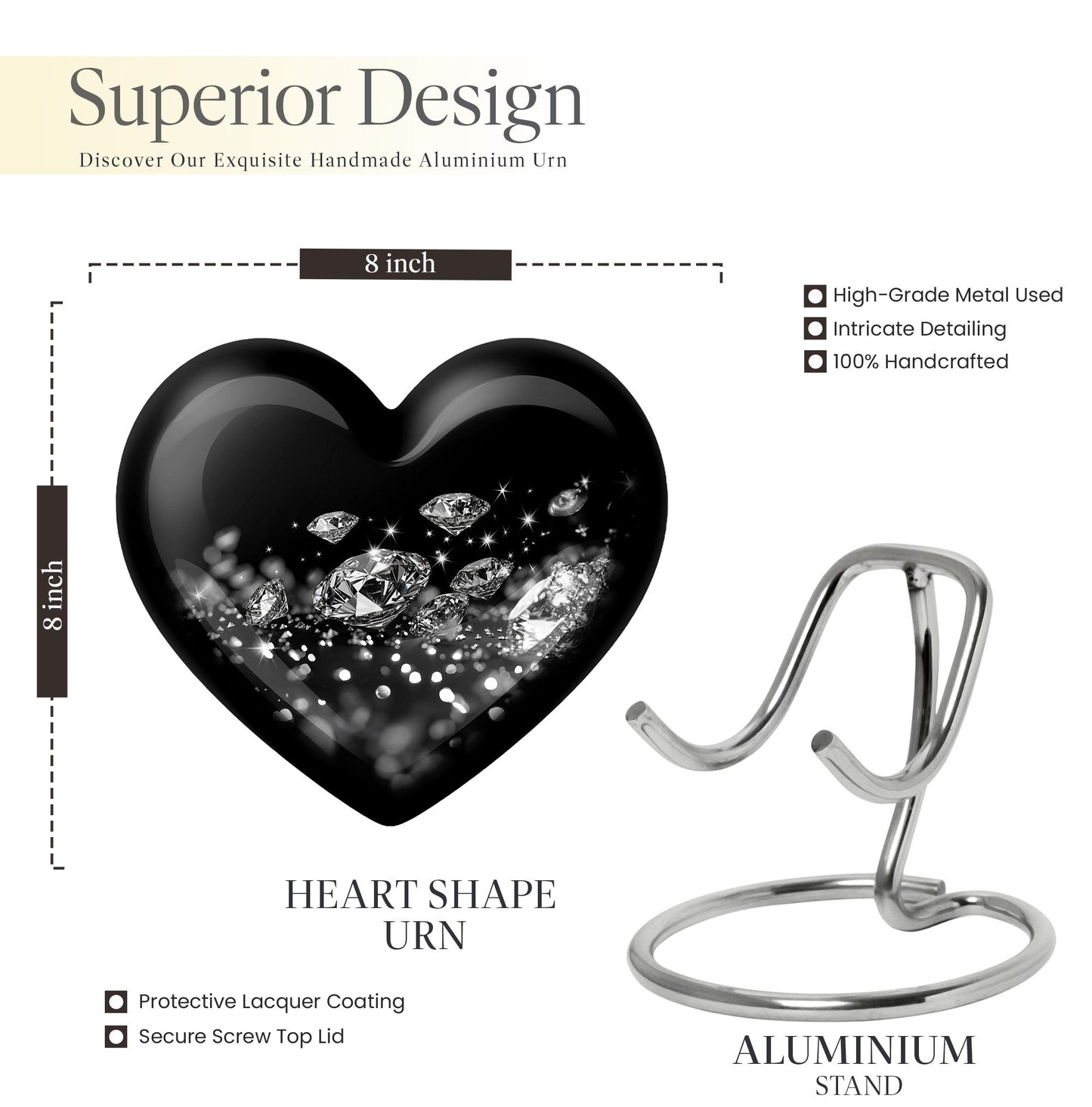 Large heart-designed diamond urn for ashes, customizable memorial burial urn