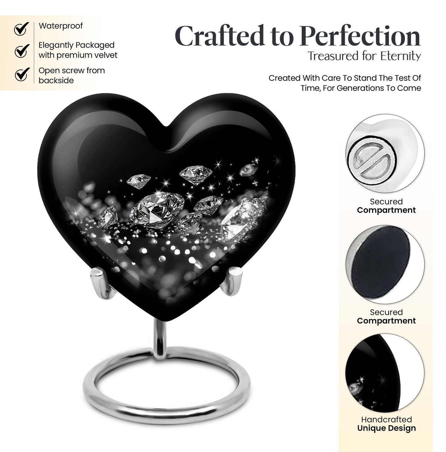 Large heart-designed diamond urn for ashes, customizable memorial burial urn