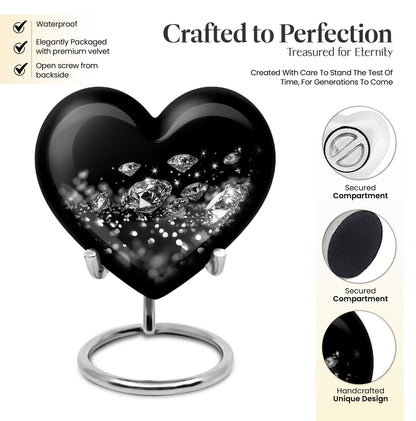 Large heart-designed diamond urn for ashes, customizable memorial burial urn