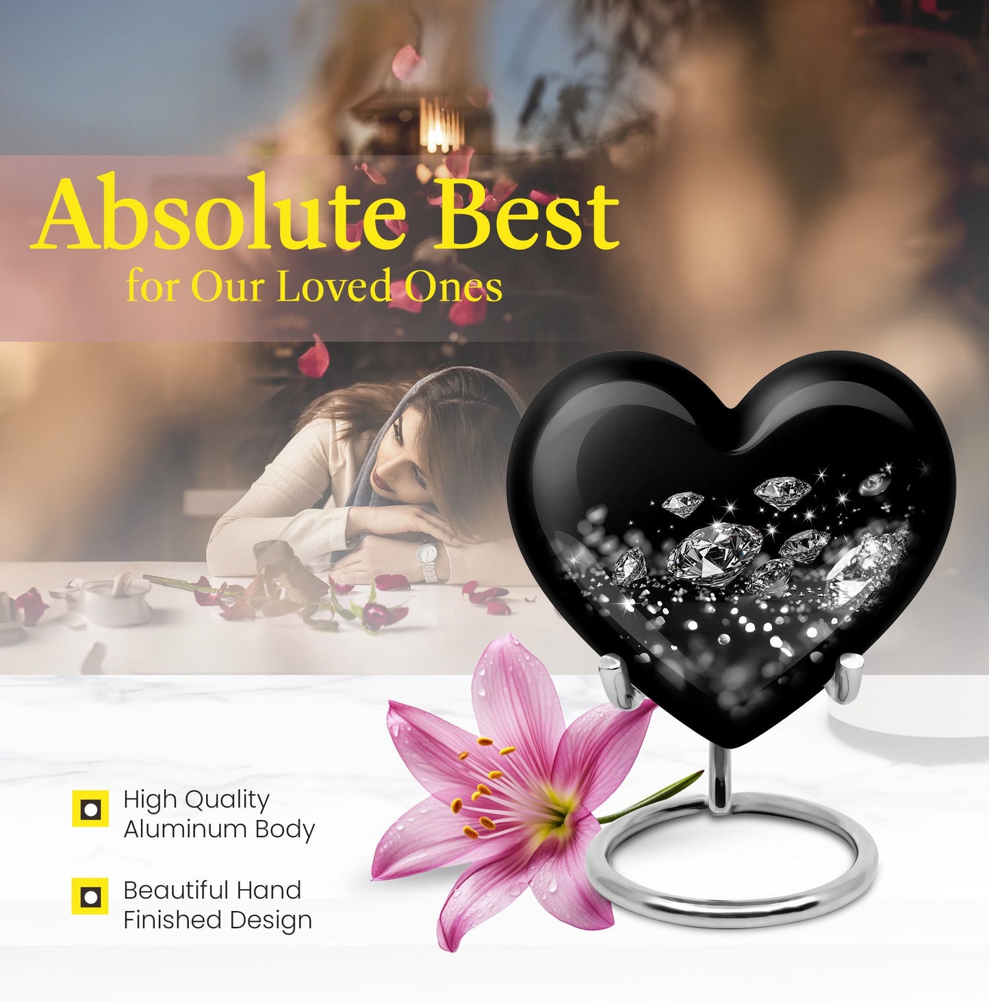 Large heart-designed diamond urn for ashes, customizable memorial burial urn
