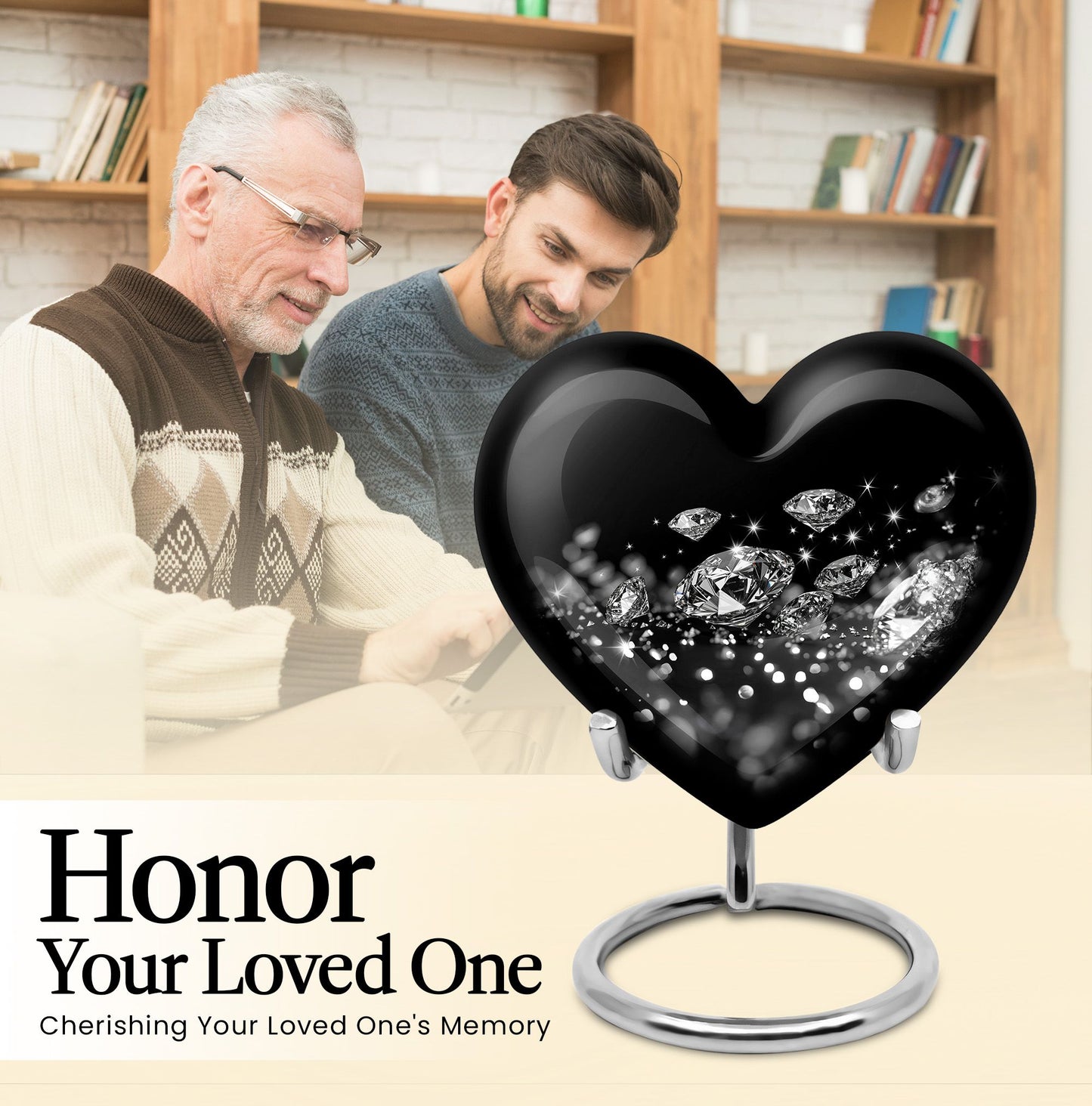 Large heart-designed diamond urn for ashes, customizable memorial burial urn