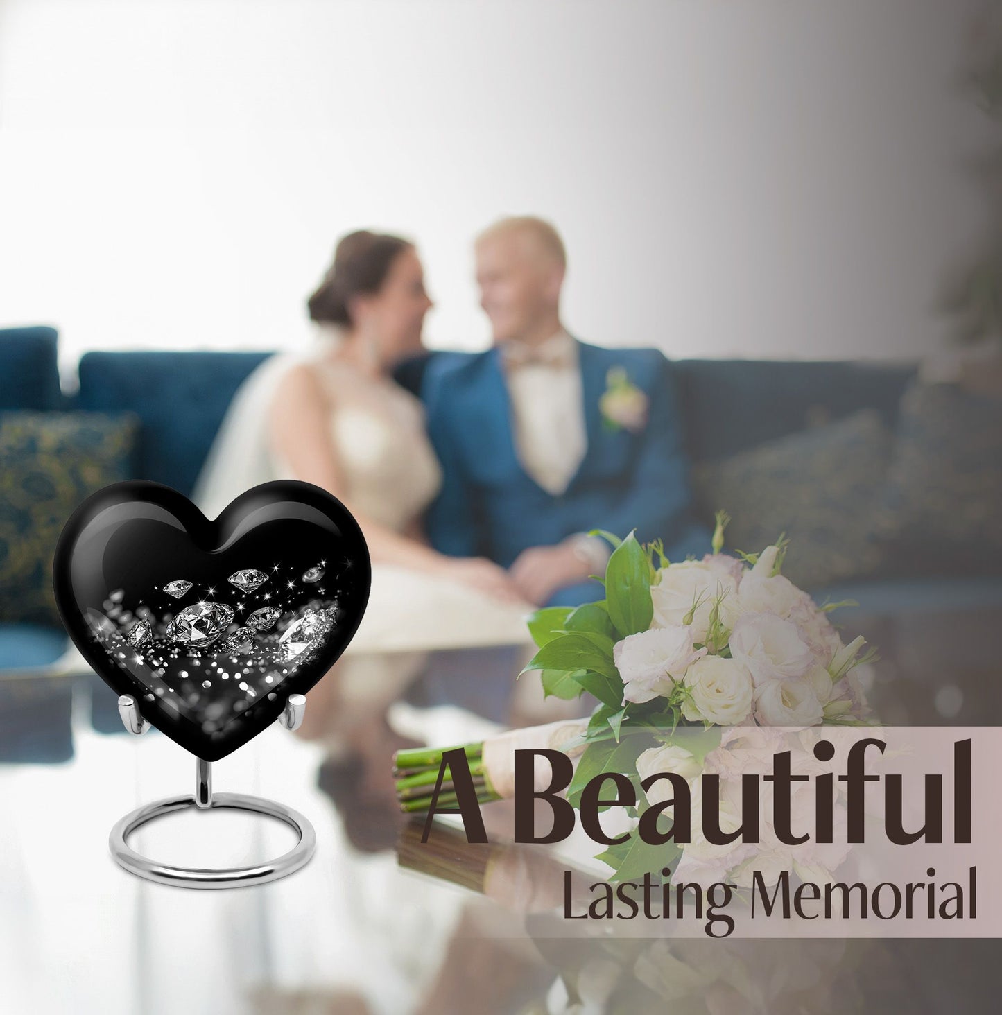 Large heart-designed diamond urn for ashes, customizable memorial burial urn