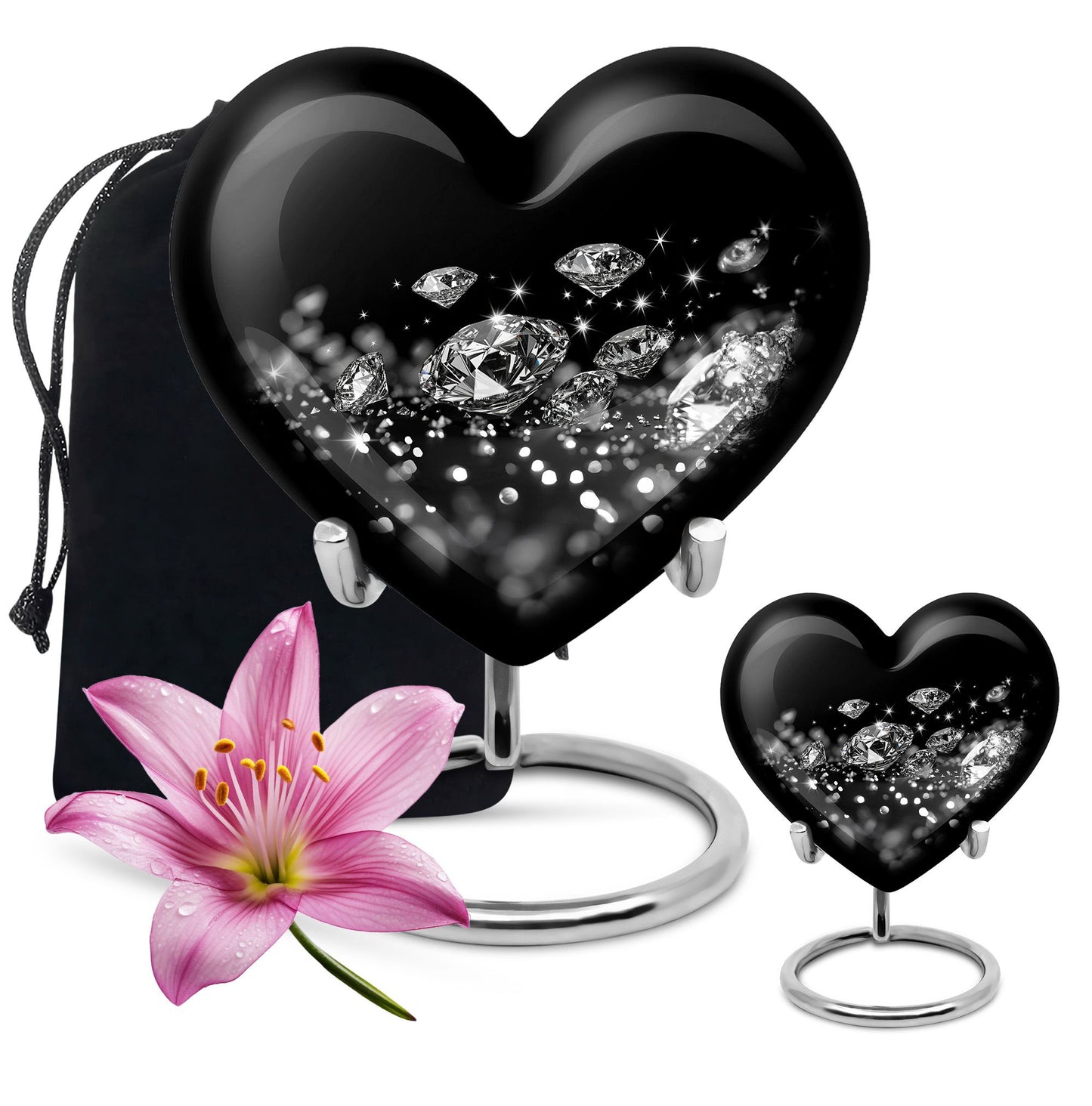 Large heart-designed diamond urn for ashes, customizable memorial burial urn