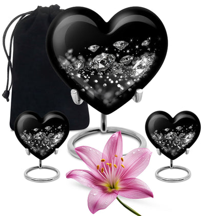 Large heart-designed diamond urn for ashes, customizable memorial burial urn