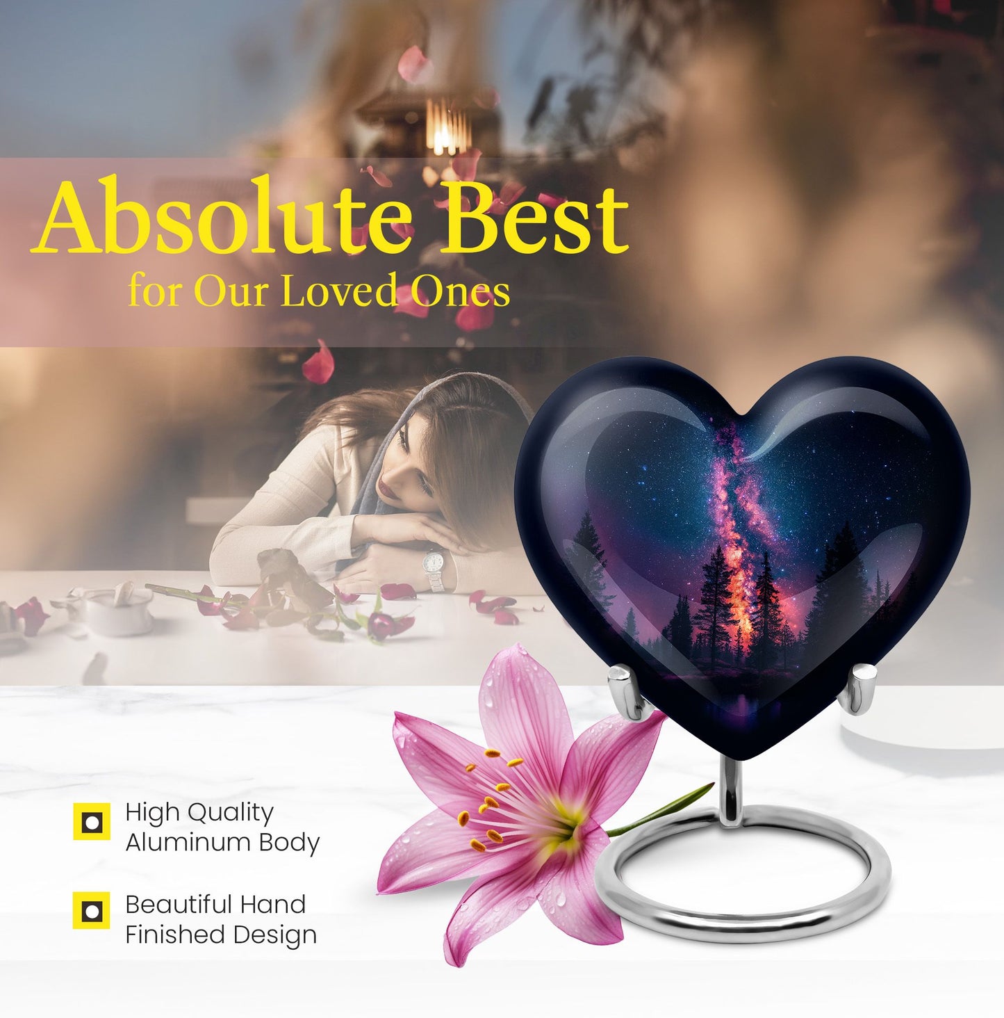 Galaxy design Heart Cremation Funeral Urn made of Aluminium, 10 inches with velvet pouch