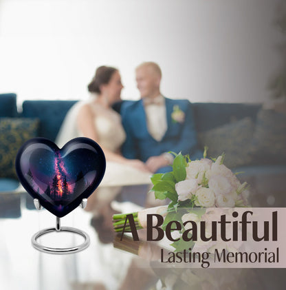 Galaxy design Heart Cremation Funeral Urn made of Aluminium, 10 inches with velvet pouch