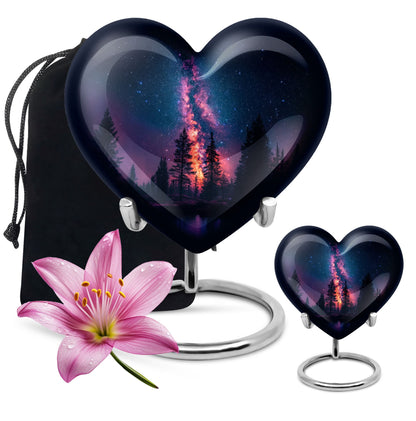 Galaxy design Heart Cremation Funeral Urn made of Aluminium, 10 inches with velvet pouch