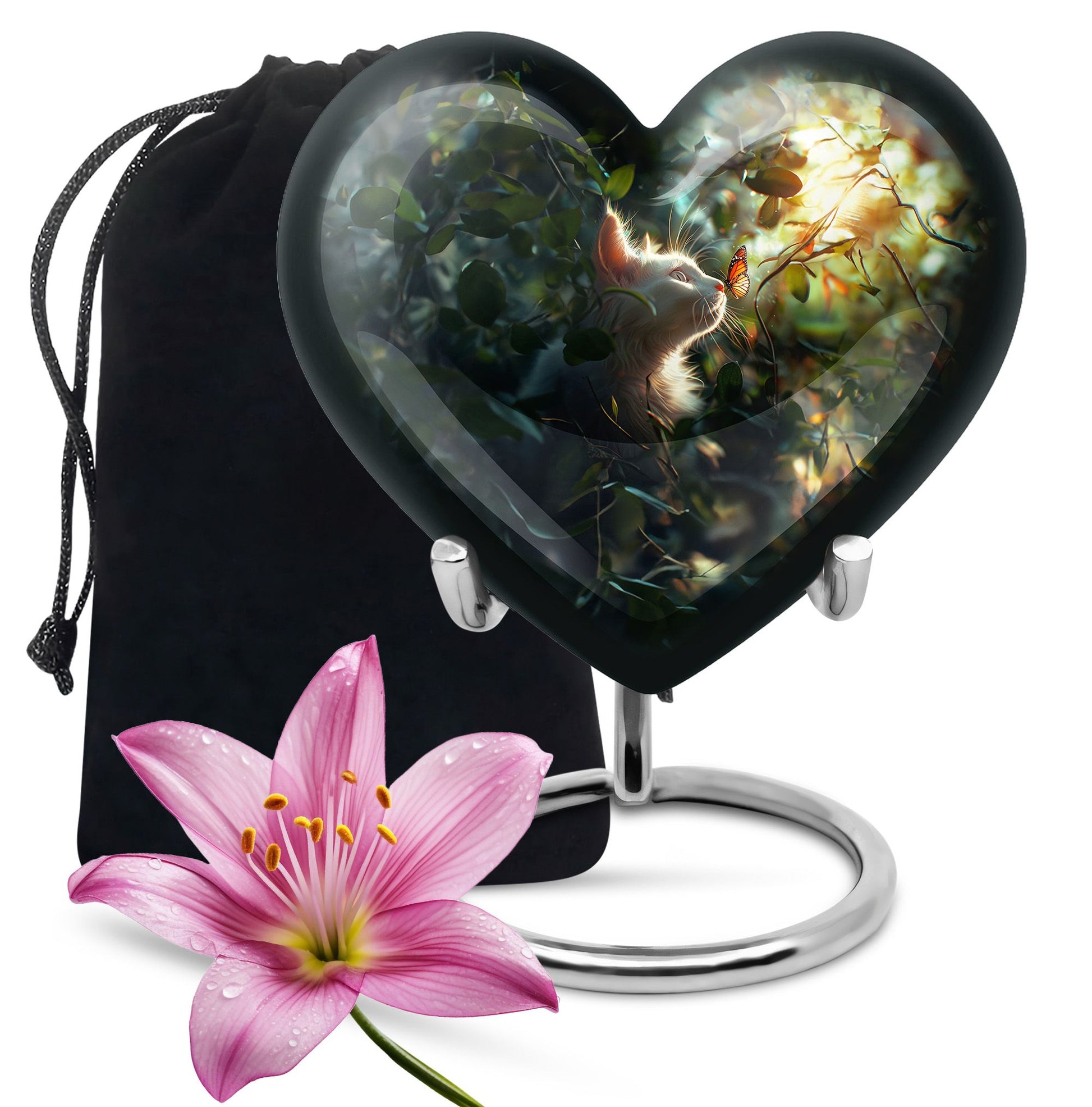 Majestic White Cat Urns For Funeral - Cat & Butterfly Memorial Urn