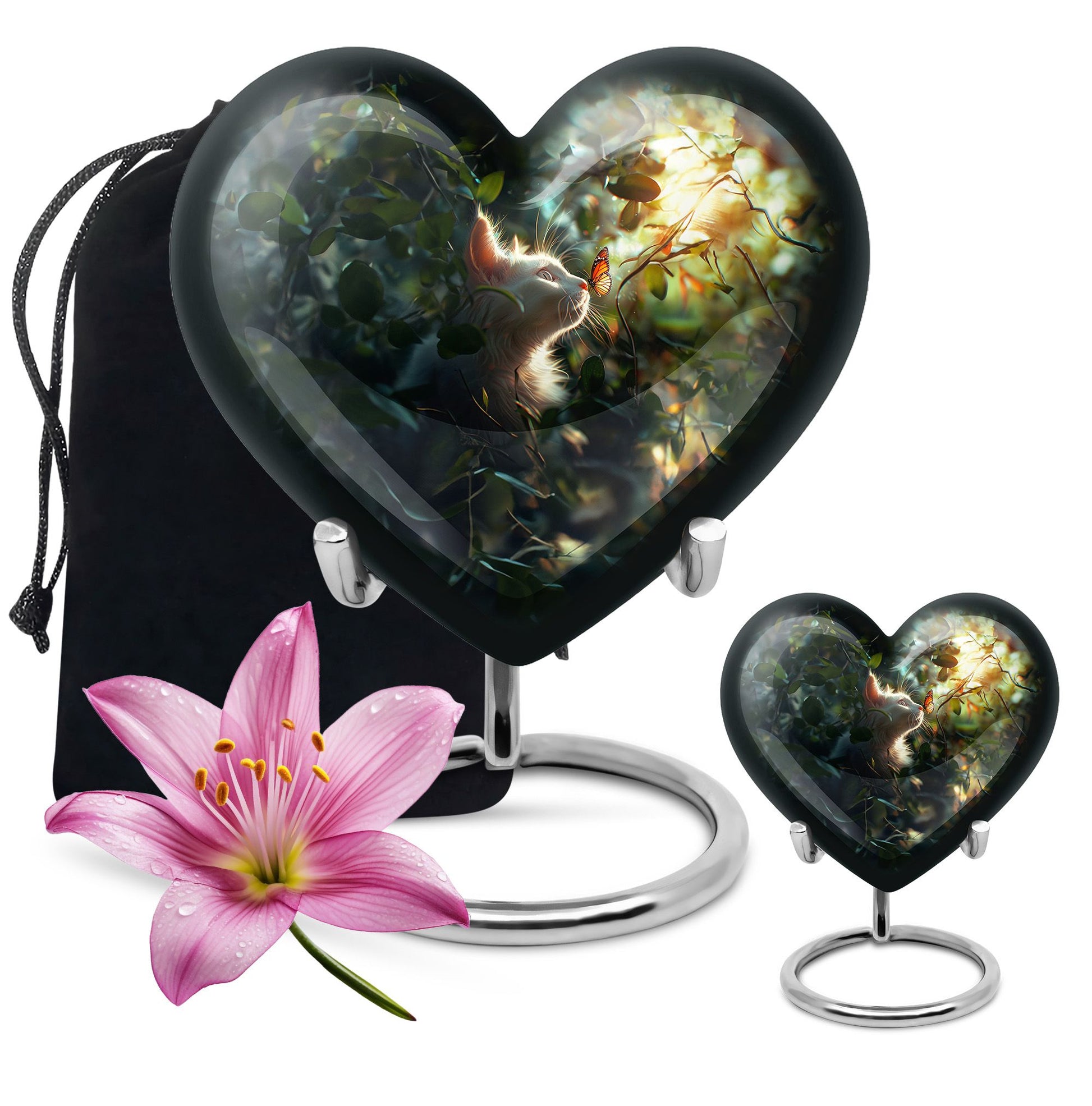 Majestic White Cat Urns For Funeral - Cat & Butterfly Memorial Urn