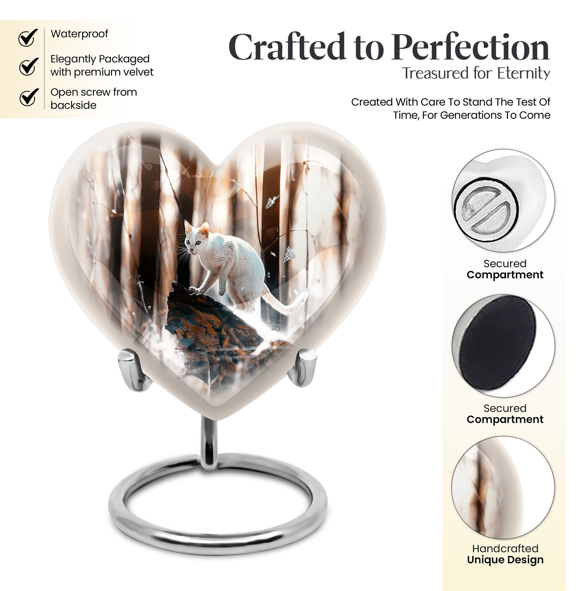 white cat heart urn for cremation ashes