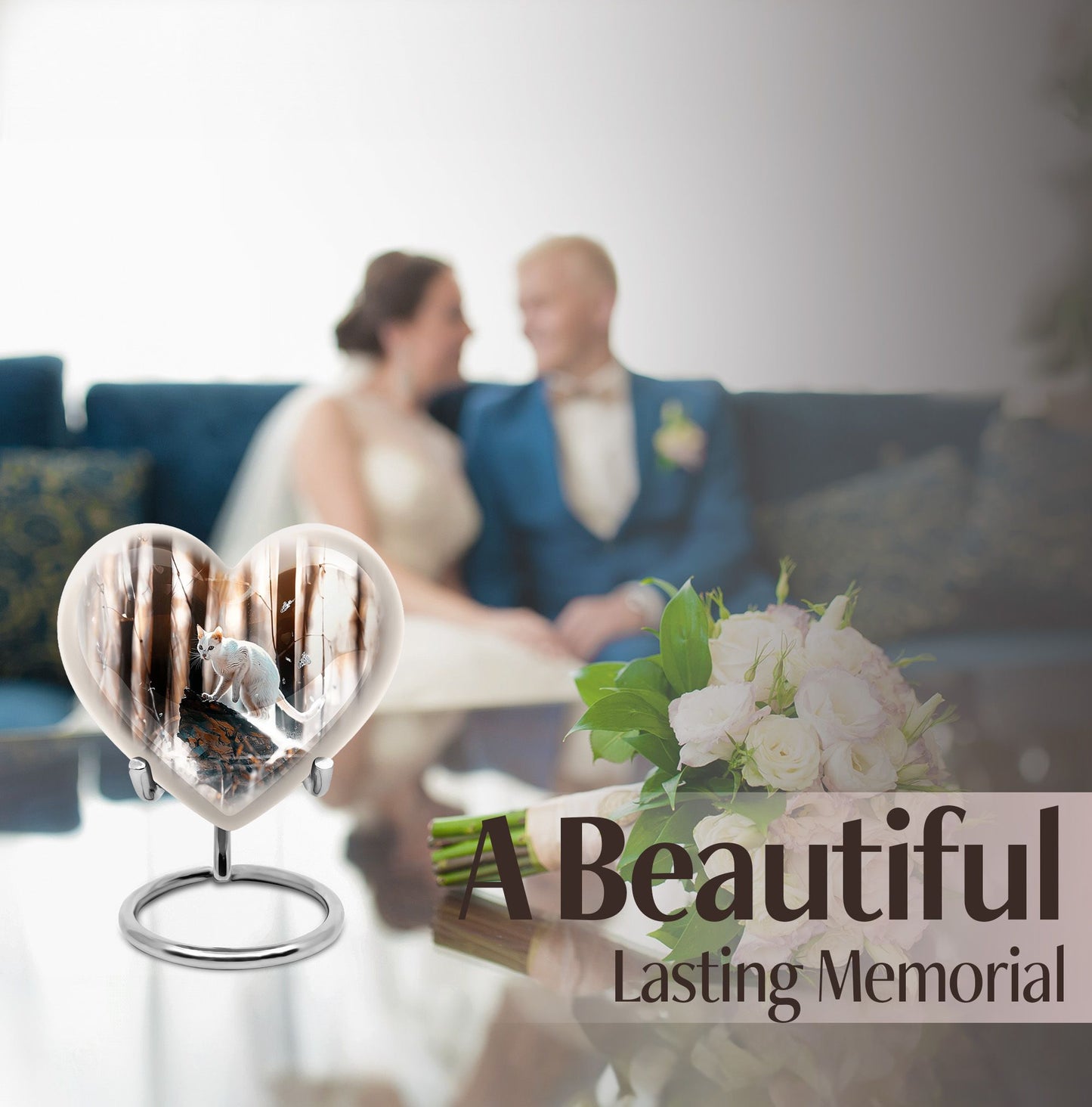 white cat heart urn for cremation ashes