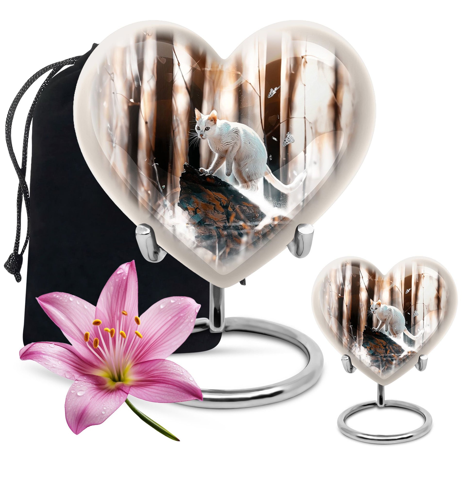 white cat heart urn for cremation ashes