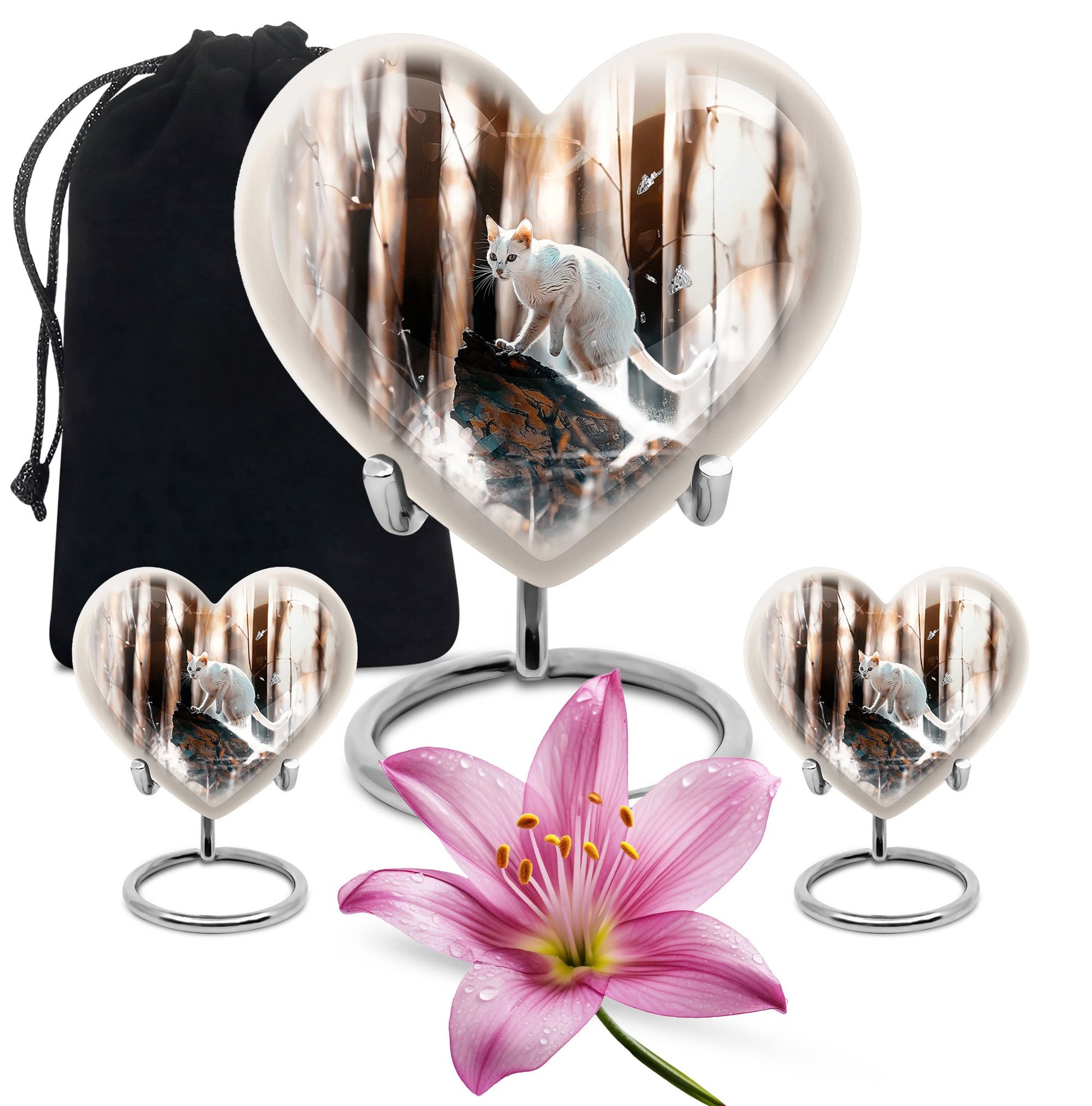 white cat heart urn for cremation ashes
