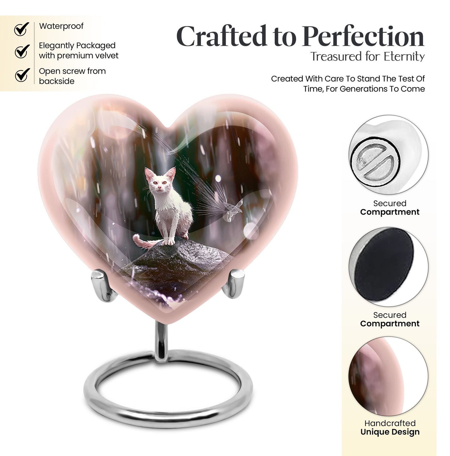 10-inch heart-shaped bespoke white cat urn 