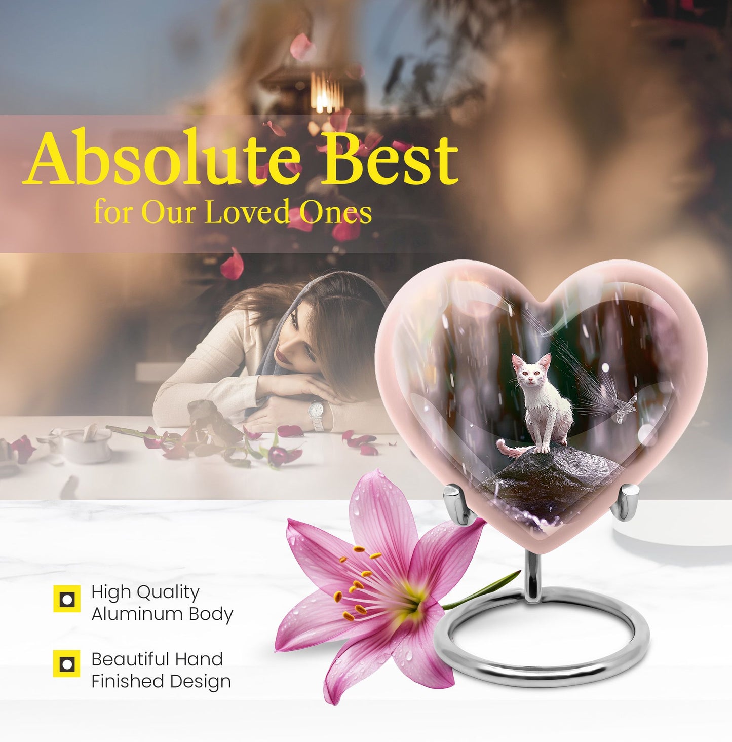 10-inch heart-shaped bespoke white cat urn 