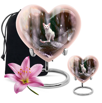 10-inch heart-shaped bespoke white cat urn 
