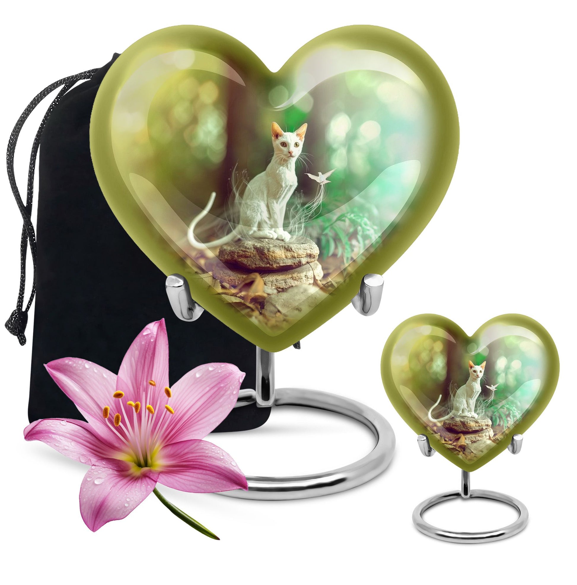 White Cat Urns For Funeral Ashes - Green Pet Cremation Urn For Cats