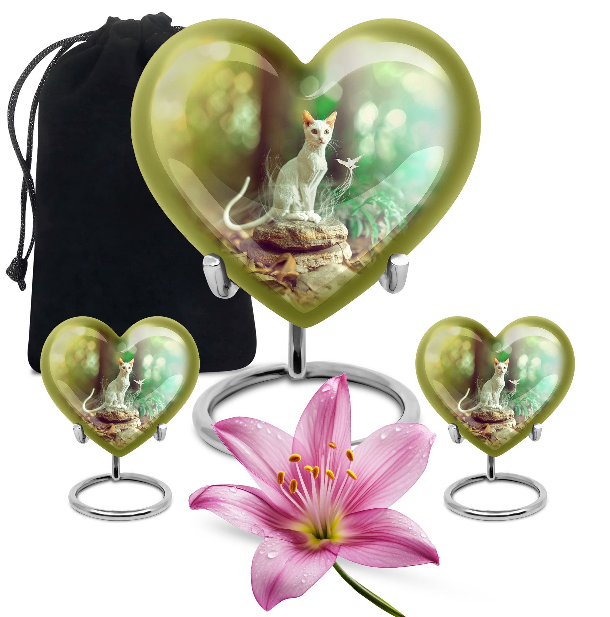 White Cat Urns For Funeral Ashes - Green Pet Cremation Urn For Cats