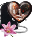 White cat heart-shaped, medium aluminium urn for human ashes with customization option