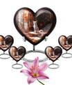 White cat heart-shaped, medium aluminium urn for human ashes with customization option