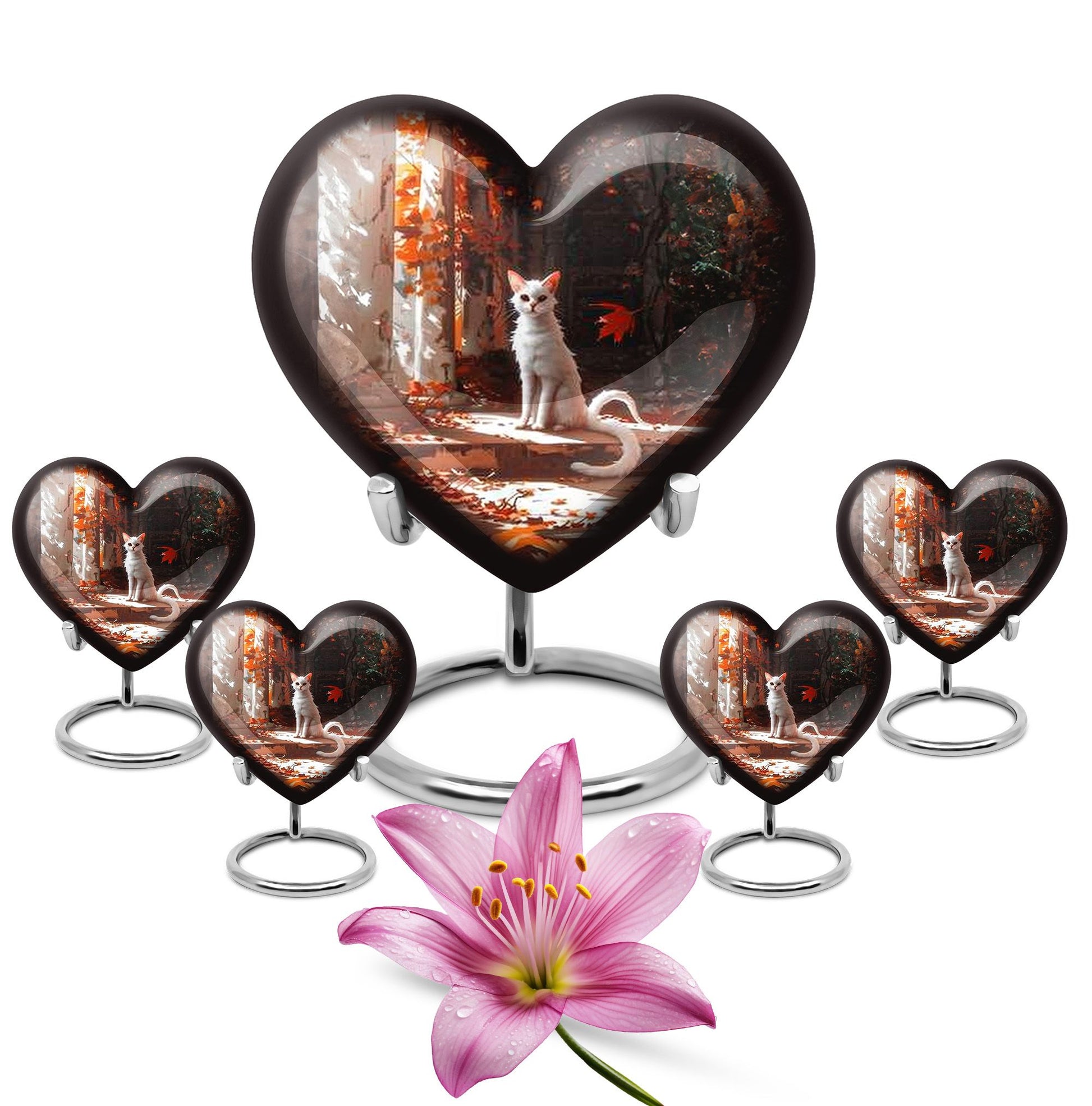 White cat heart-shaped, medium aluminium urn for human ashes with customization option