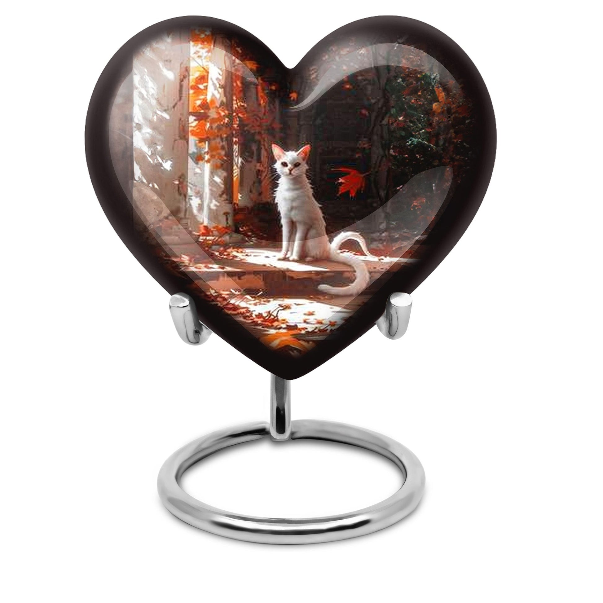White cat heart-shaped, medium aluminium urn for human ashes with customization option