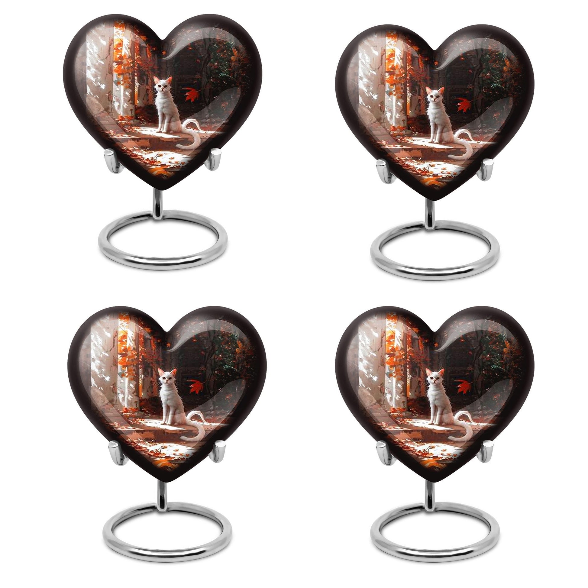 White cat heart-shaped, medium aluminium urn for human ashes with customization option