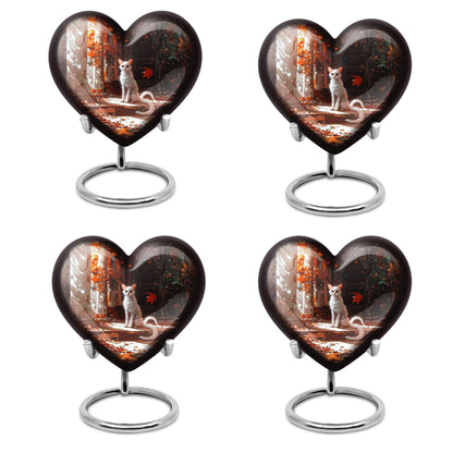 White cat heart-shaped, medium aluminium urn for human ashes with customization option