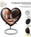 White cat heart-shaped, medium aluminium urn for human ashes with customization option