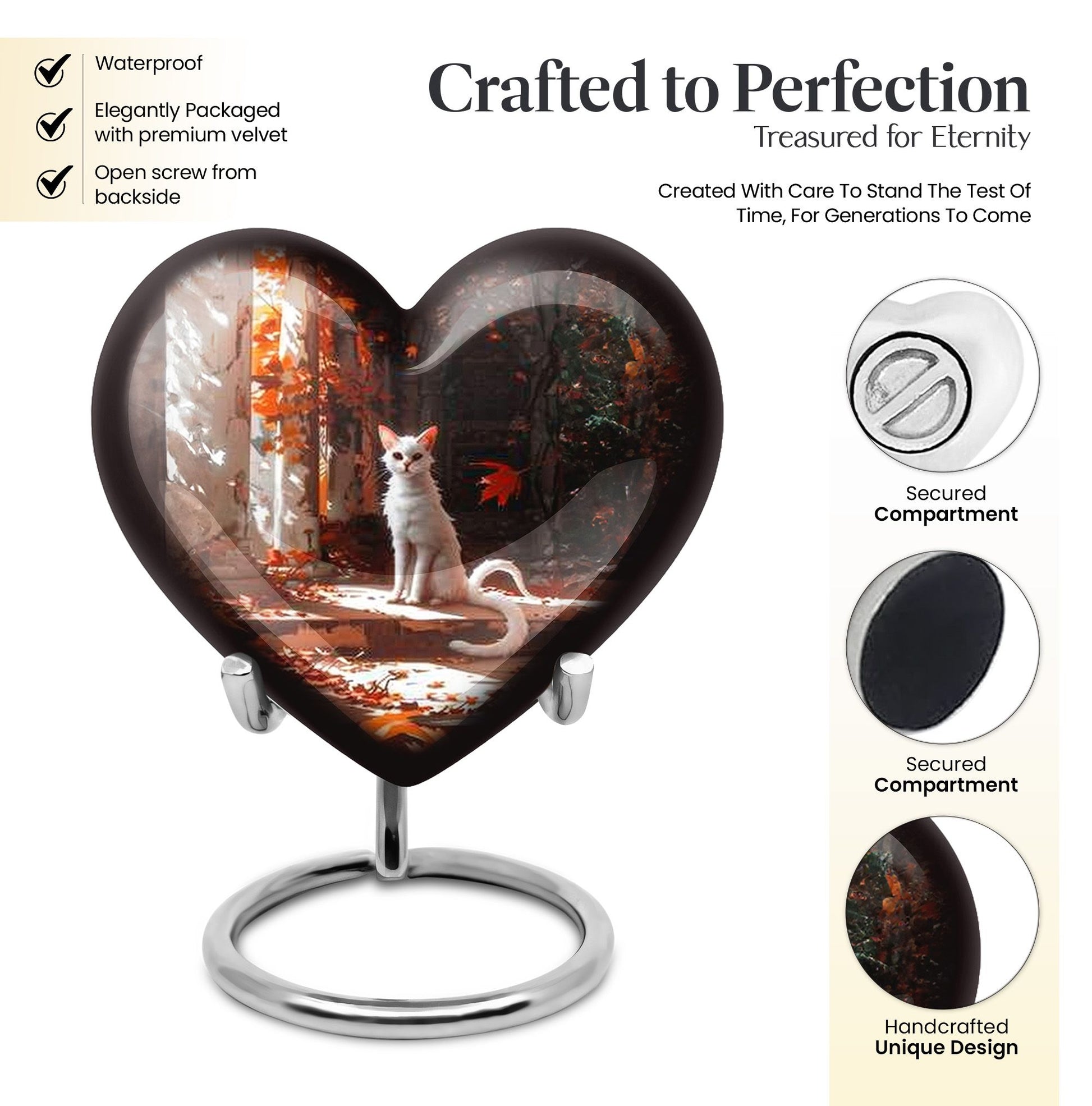 White cat heart-shaped, medium aluminium urn for human ashes with customization option