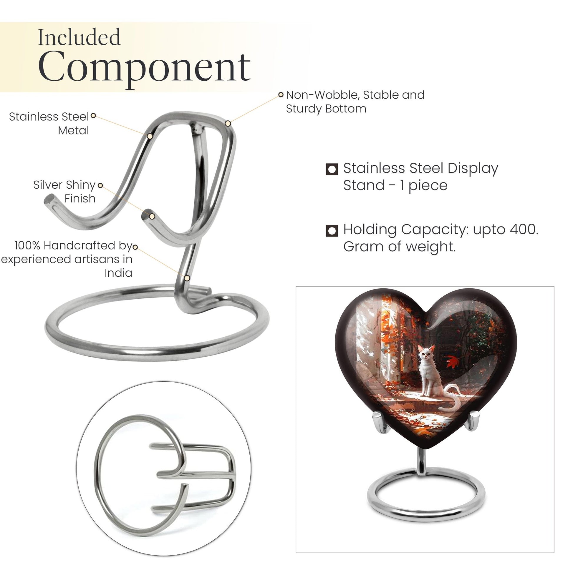 White cat heart-shaped, medium aluminium urn for human ashes with customization option
