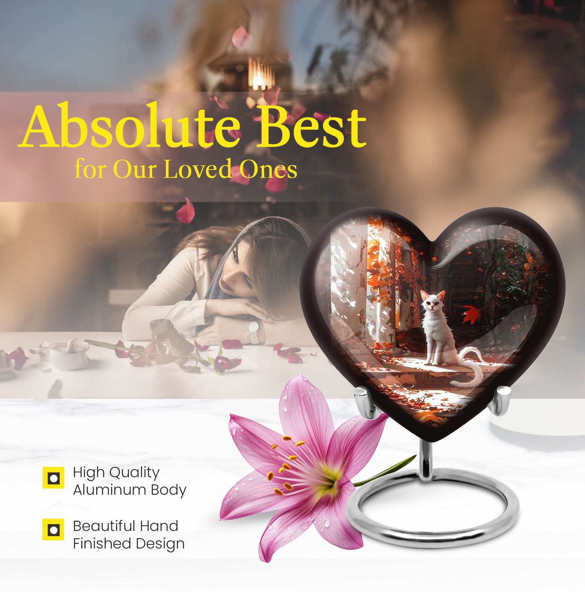 White cat heart-shaped, medium aluminium urn for human ashes with customization option