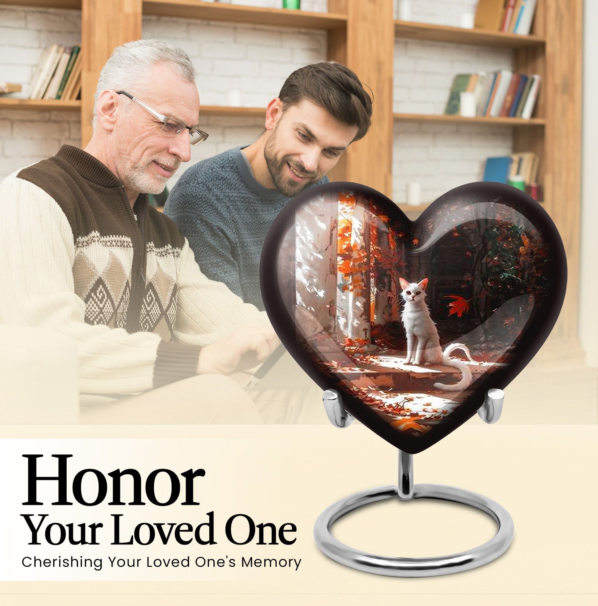 White cat heart-shaped, medium aluminium urn for human ashes with customization option