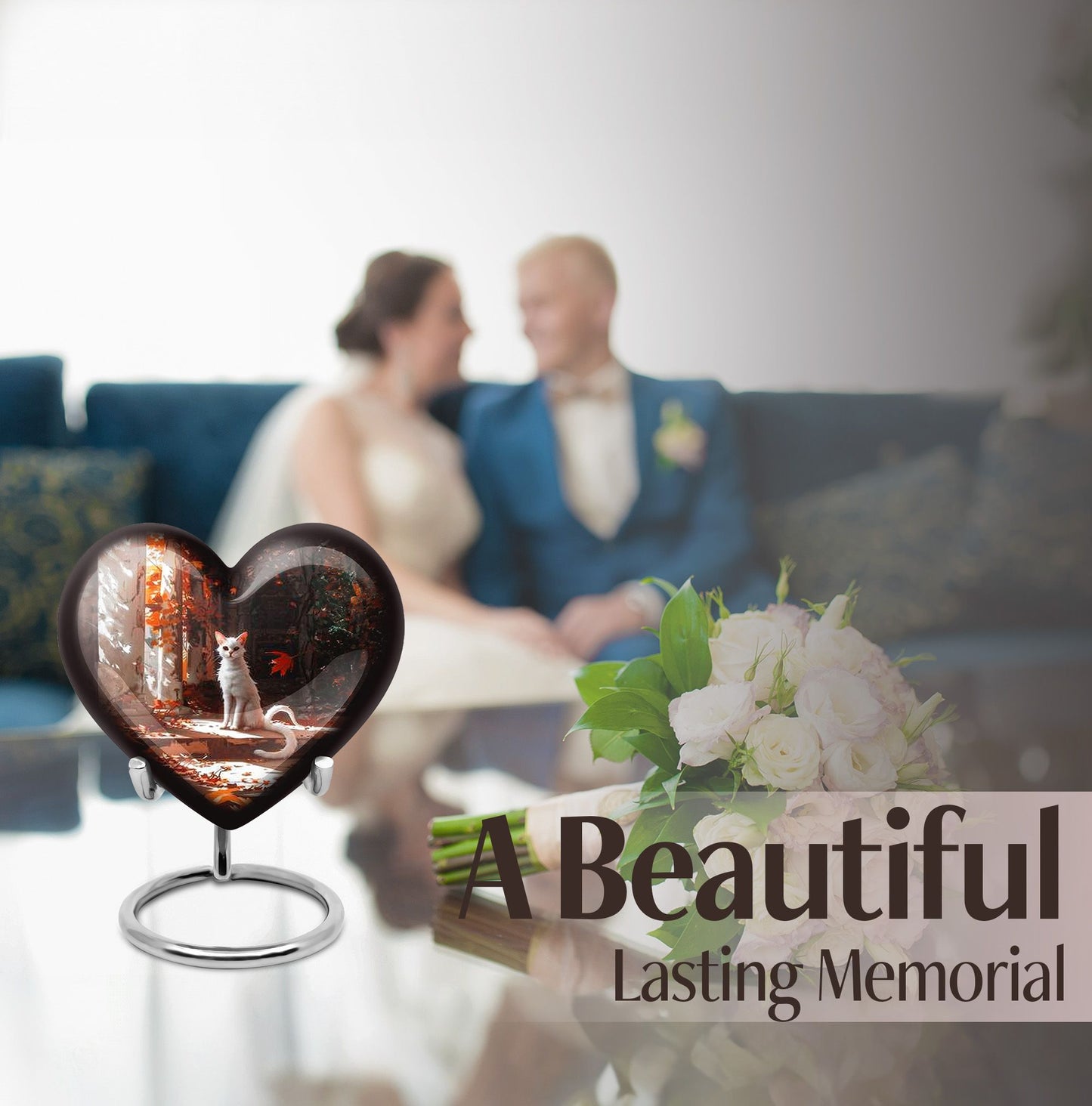 White cat heart-shaped, medium aluminium urn for human ashes with customization option