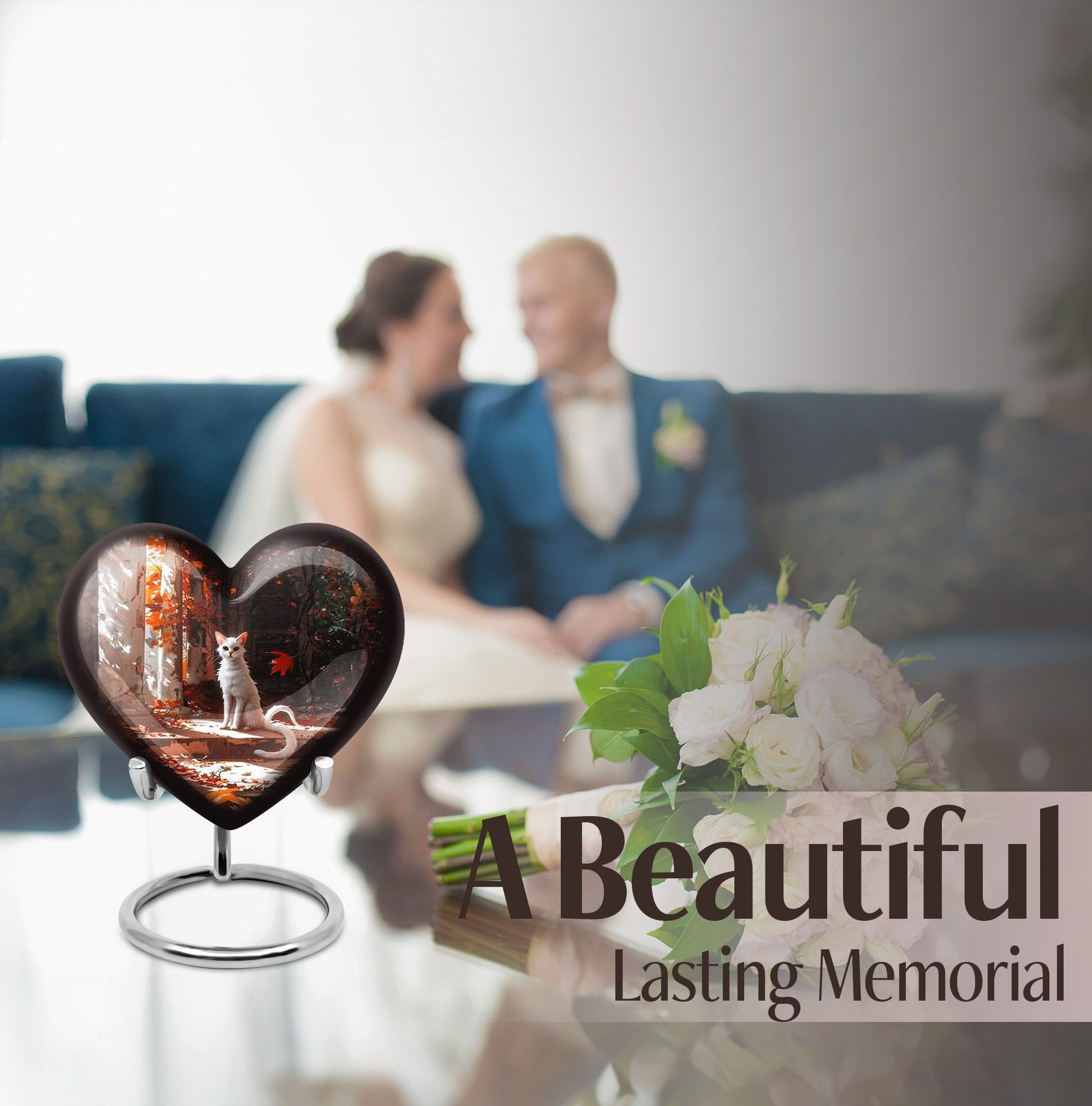 White cat heart-shaped, medium aluminium urn for human ashes with customization option