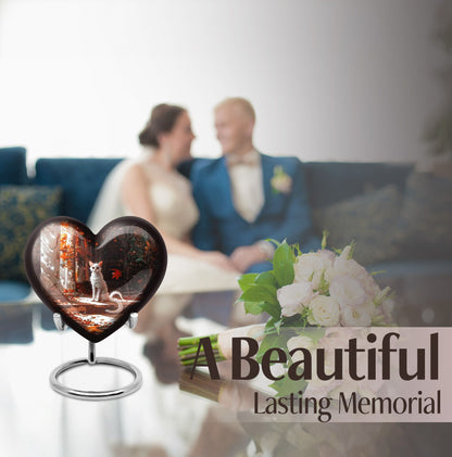 White cat heart-shaped, medium aluminium urn for human ashes with customization option